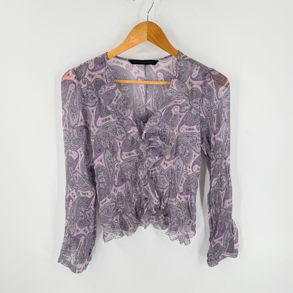 Express Design Studio‎ 100% Silk Purple Paisley Ruffle Small Boho Fairy Top